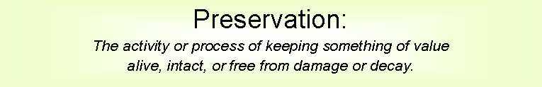 Text Box: Preservation:The activity or process of keeping something of value alive, intact, or free from damage or decay. 